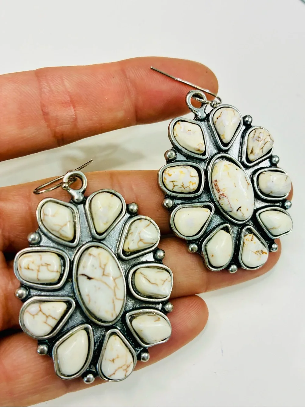 Southwestern Cream White Natural Gemstone Floral Cluster Drop Dangling Earrings